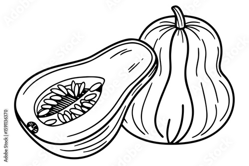 A whole pumpkin and a half pumpkin with seeds isolated on white