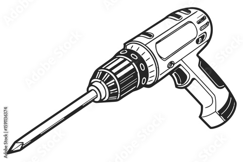 A black and white illustration of a power drill