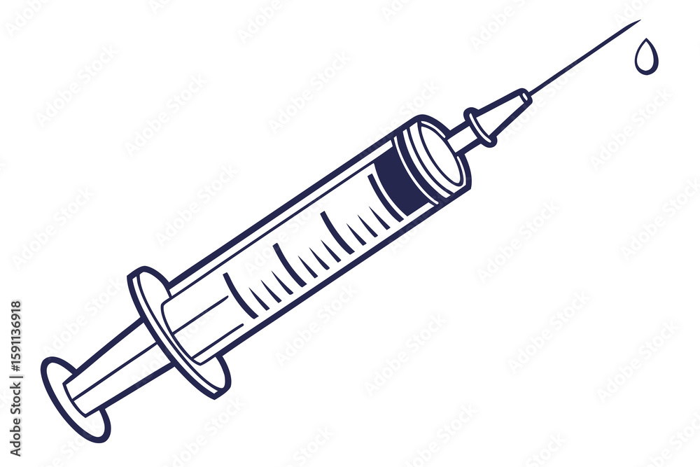 A medical syringe with a drop of liquid A medical syringe with a drop of liquid