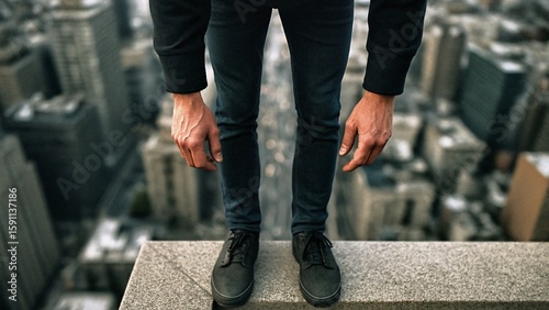 Man standing at the edge of a skyscraper feeling vertigo and fear of heights, suffering from acrophobia and dizziness with city in background
