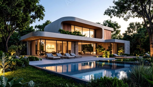 Modern home with pool at twilight (3)