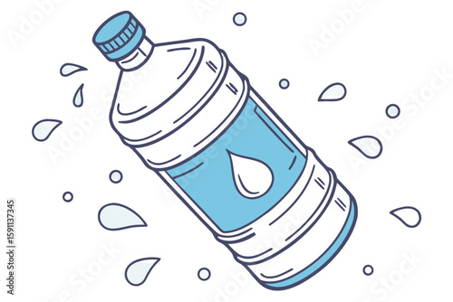 Water bottle with blue label and splashes, isolated on white