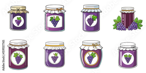 Multiple vector illustrations of bottles with labels with grape on them

