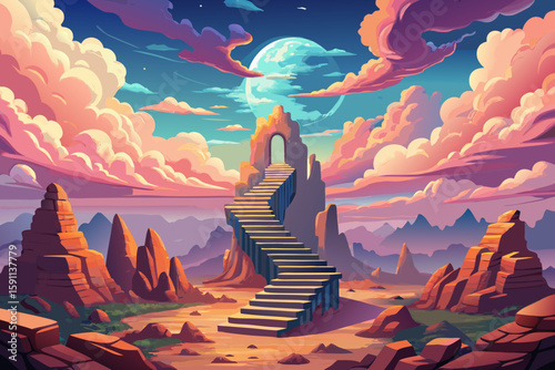 A Grand Ancient Stone Staircase Spiraling Up into the Clouds