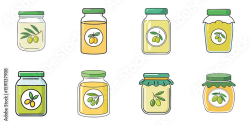 Multiple vector illustrations of bottles with labels with olive on them

