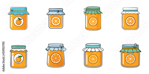 Multiple vector illustrations of bottles with labels with sliced orange on them

