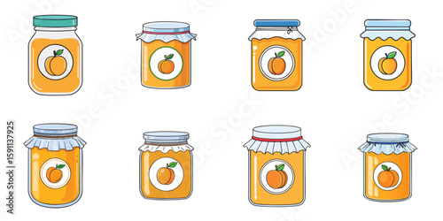 Multiple vector illustrations of bottles with labels with peach on them

