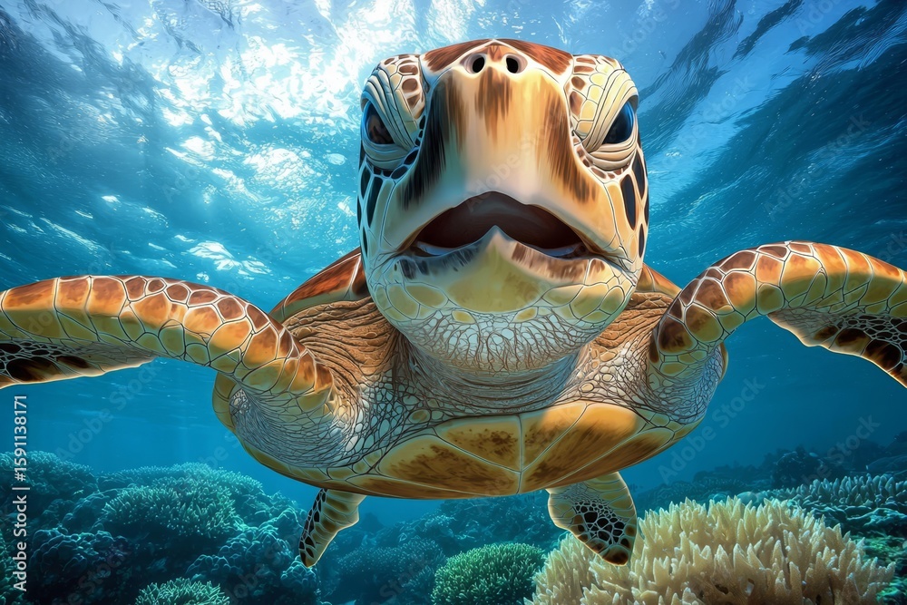 Obraz premium A vibrant underwater scene featuring a happy sea turtle.
