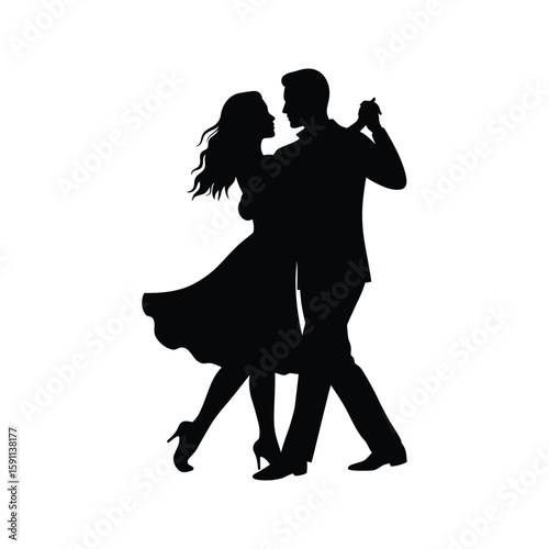 Silhouette of a Couple Dancing Romantic Ballroom Dance Pose Elegant Black and White Vector Illustration