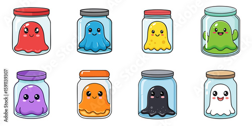 Multiple vector illustrations of cute slime monster in jars

