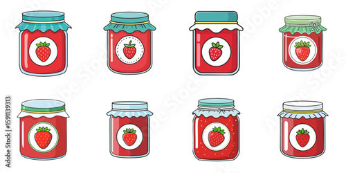 Multiple vector illustrations of bottles with labels with strawberry on them

