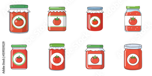 Multiple vector illustrations of bottles with labels with tomato on them

