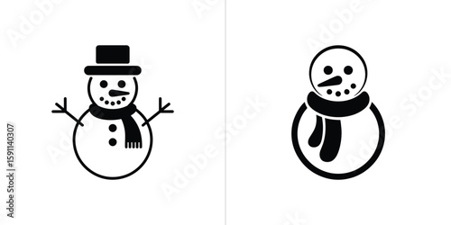 Isolated black snowman icons with hat and scarf on white transparent background
