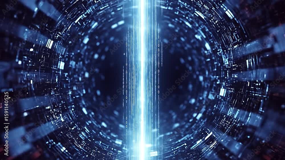 Holographic beam emitting binary numbers vertically in sci-fi digital space