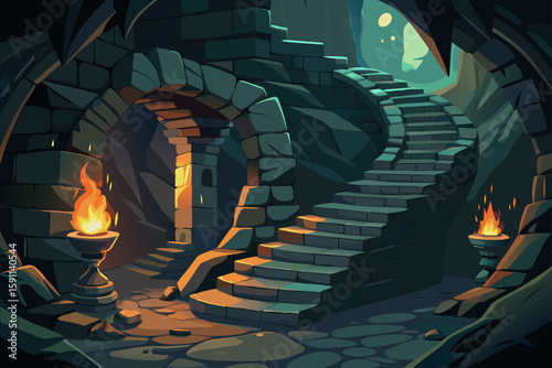 An Ancient Winding Stone Staircase Spiraling Down into a Cave