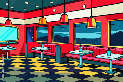 An Empty Vintage Style Cafe with Checkered Floors