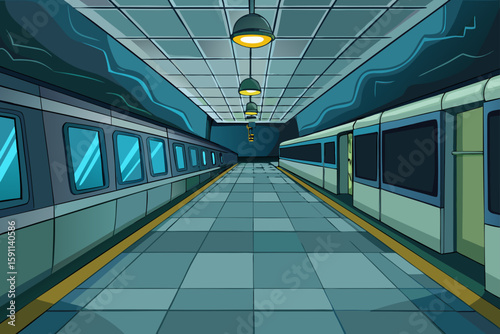 An Empty Subway Platform Late at Night with Cool Toned Lights