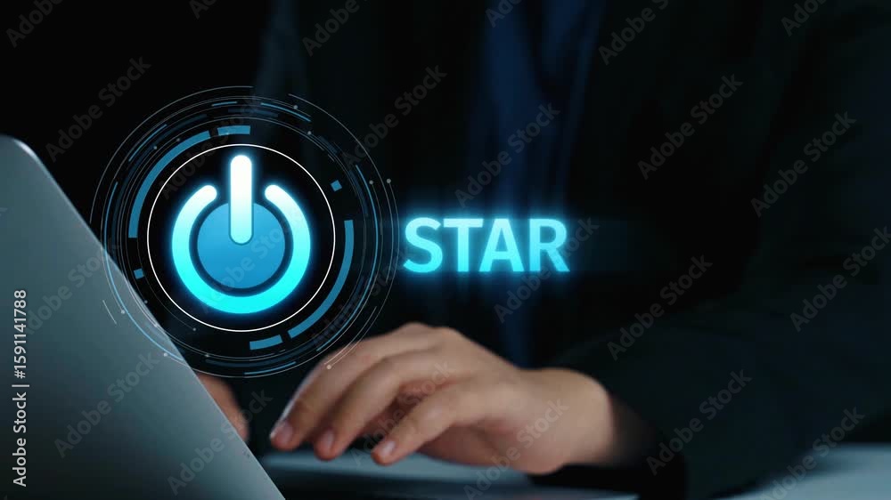 Start 2025 concept with futuristic power button symbolizing fresh beginnings, innovation, and digital transformation. Start 2025, new goals, and start 2025 initiative. Elide