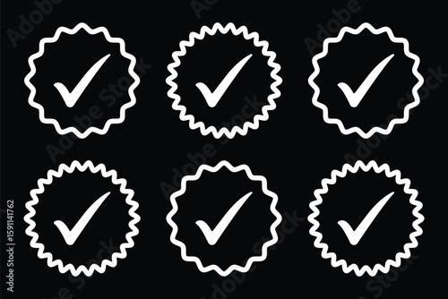 Checkmark icon set, approved symbol, checked checkbox mark, editable line stroke.  Verified checkmark icon set. Guaranteed signs. eps 10