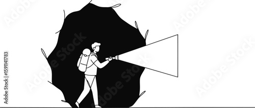 Hiker exploring dark cave with flashlight