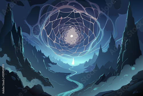Glowing Spider Web Fractals Forming a Spiral Vortex