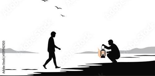 Silhouette: Man Walking Towards Lantern Light