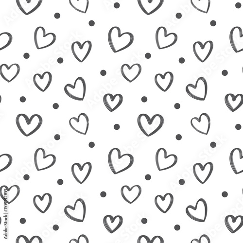 Black Hand Drawn Sketchy Line Hearts and Dots Seamless Pattern on White Bckground for Baby and Nursery Design