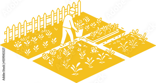 Isometric Gardener Tending Vibrant Garden Plot