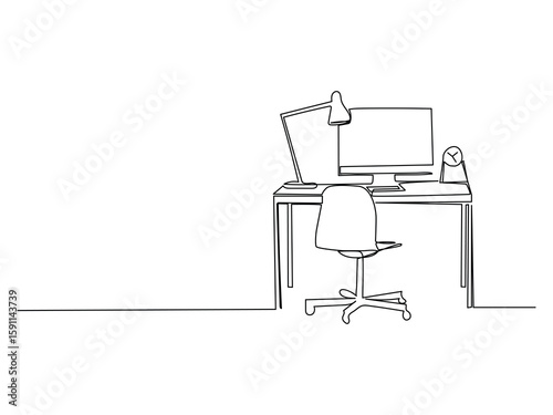 Simple continuous line art illustration of a minimalist home office.