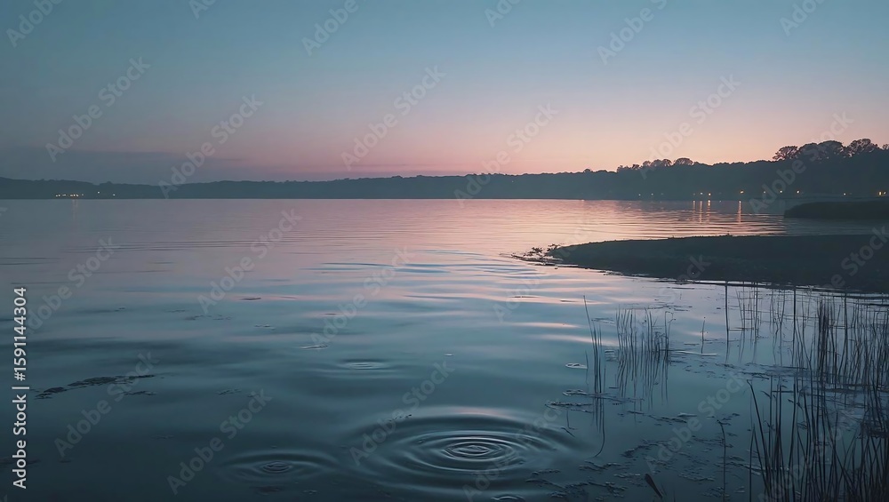 Fototapeta premium Golden sun dips below the horizon, painting the calm lake and sky in hues of orange and blue, a beautiful reflection of nature's serene embrace