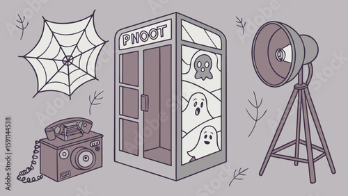Halloween icons, spooky illustrations, ghostly symbols, creepy objects