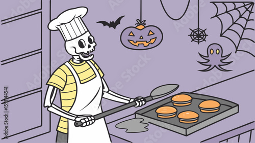 Illustration of a booth with ghosts, a spiderweb, a camera phone, and a stage light on a gray background