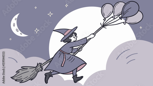 A witch flying on a broomstick holding balloons in front of a moon and stars in a night sky scene