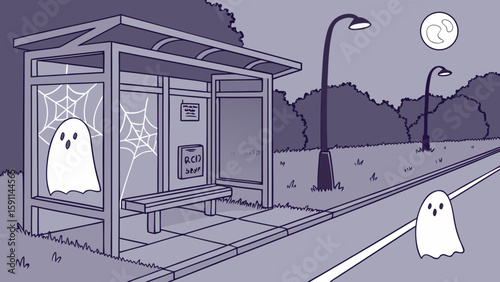 Illustration of a bus stop with ghosts at night under a street light in a spooky monochromatic scene