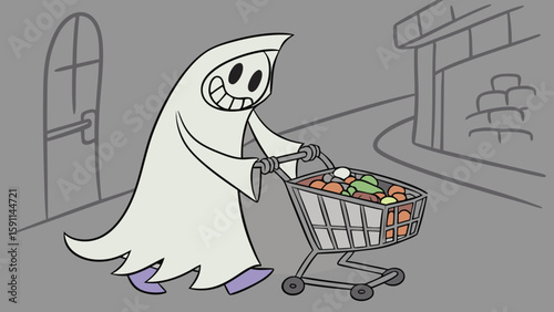 Cartoon ghost character pushing a shopping cart full of groceries down the street near a building