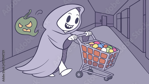 Cartoon grim reaper pushing a shopping cart filled with colorful balls in a hallway with a ghost