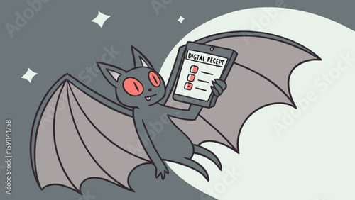 Cartoon bat holding a digital receipt with checklist flying over a half and half background design
