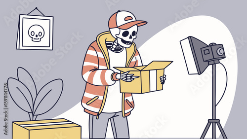Skeleton influencer unboxing a package in front of studio lighting and a skull picture on the wall