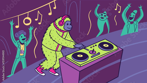 A green gorilla dj with headphones playing music at a party with dancing people and music notes above