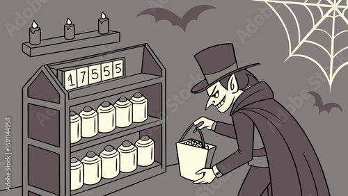 Cartoon of a vampire with a top hat taking jars from a shelf with candles bats and a spiderweb design