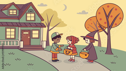 Three children in costumes trick or treating in front of a house during halloween night scene outdoors