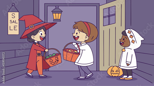 Three children in halloween costumes trick or treating at night with a pumpkin and sale sign near door