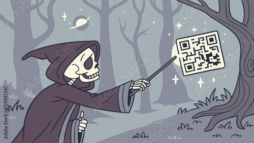Grim reaper casting a qr code spell in a spooky forest with a flying saucer and stars overhead at night