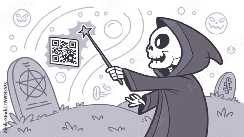 Cartoon grim reaper casts qr code spell in graveyard with tombstones and spooky halloween ghost heads