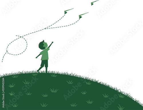 Child Launches Paper Airplanes Hilltop Dream