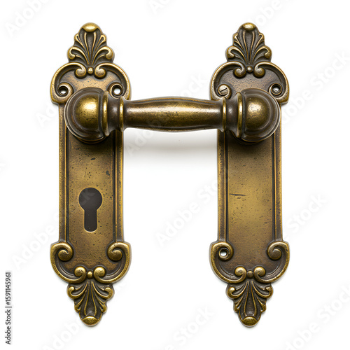 Old door handle and lock on white background