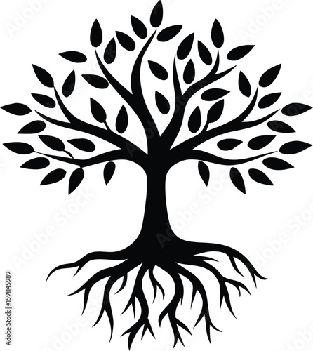 Black Silhouette Tree with Leaves on White Background, silhouette designs of fruit trees, minimalist style, leaves and roots silhouette vector illustration,tree with leaves vector icon,abstract tree,A