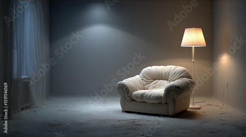 Soft armchair placed beside a floor lamp in a dimly lit room, both turned off, evoking calmness, quiet waiting, and introspective atmosphere for relaxation and thoughtful moments.