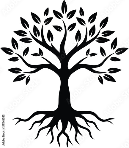 Black Silhouette Tree with Leaves on White Background, silhouette designs of fruit trees, minimalist style, leaves and roots silhouette vector illustration,tree with leaves vector icon,abstract tree,A