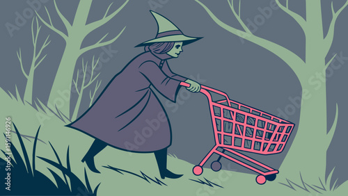 A witch in a pointy hat pushing a pink shopping cart through a spooky forest landscape art